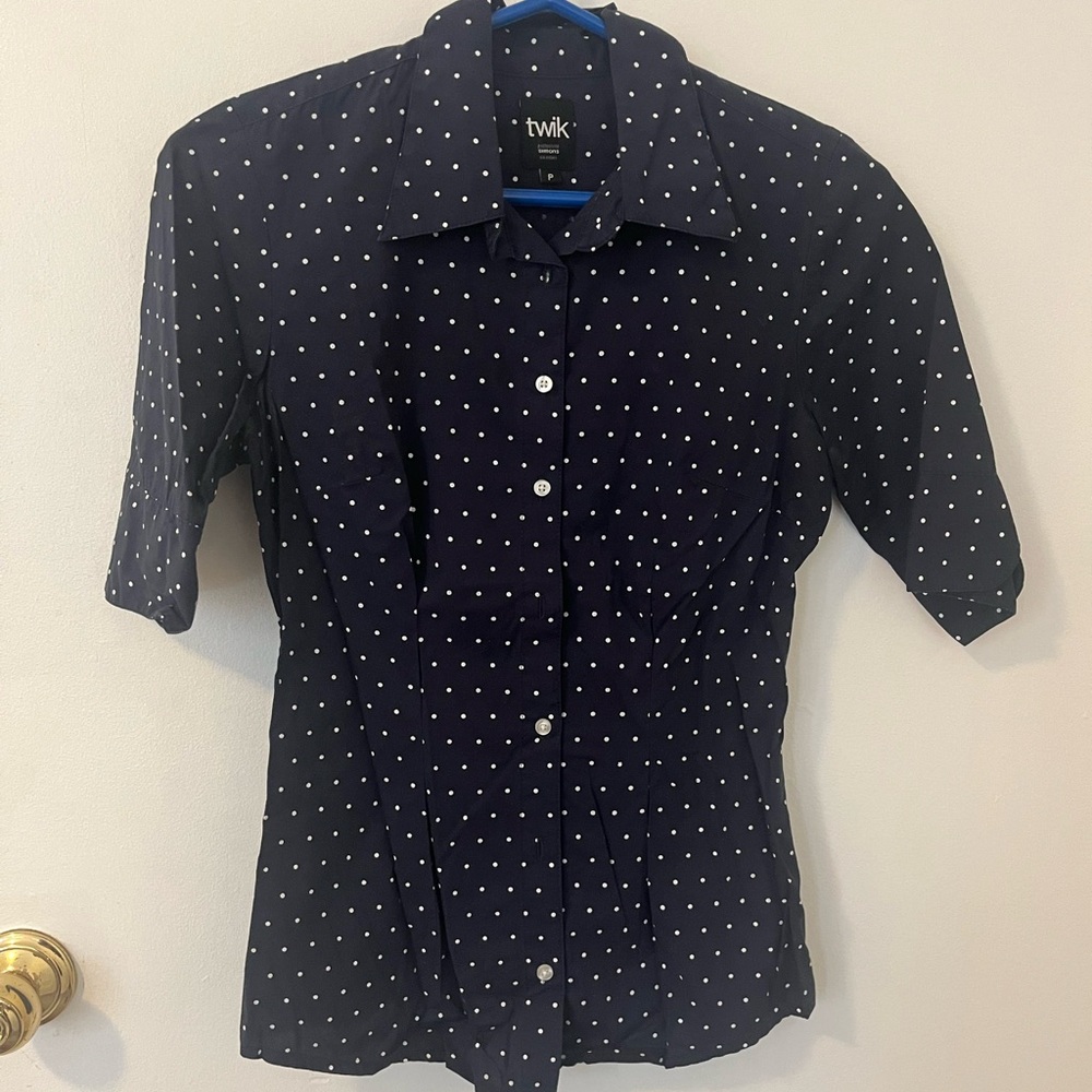 Twik navy blue white polka dot fitted button down shirt